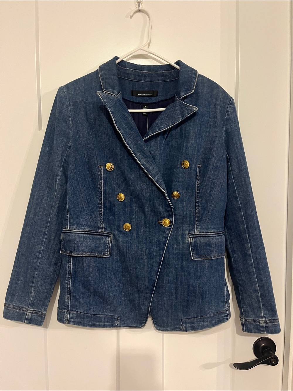 White House Black Market Double-Breasted Denim Blazer in Blue with Gold Buttons